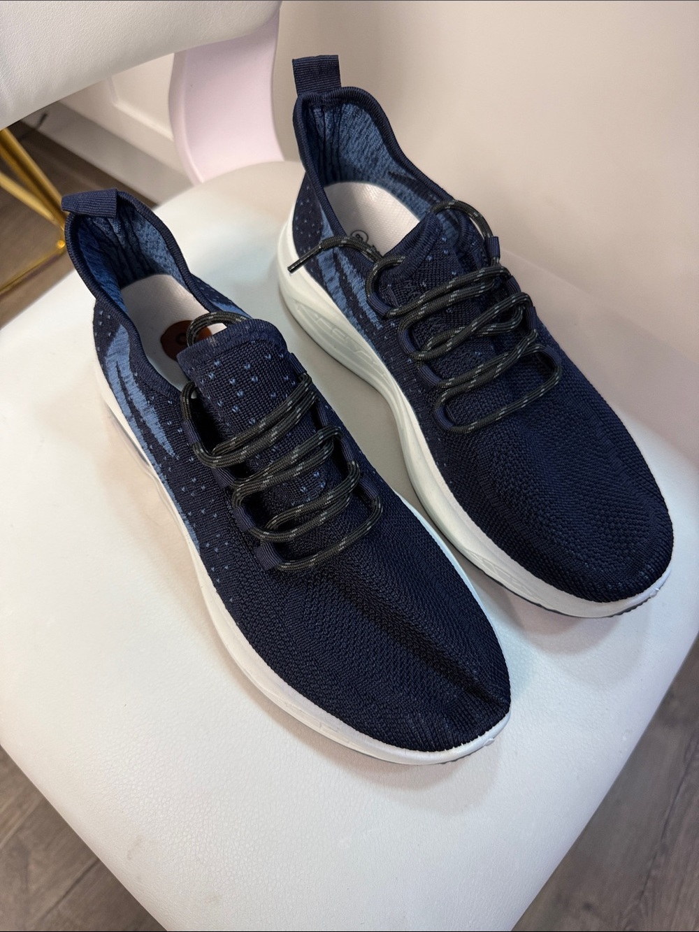 Breathable Navy Knit Slip-On Sneakers with White Sole